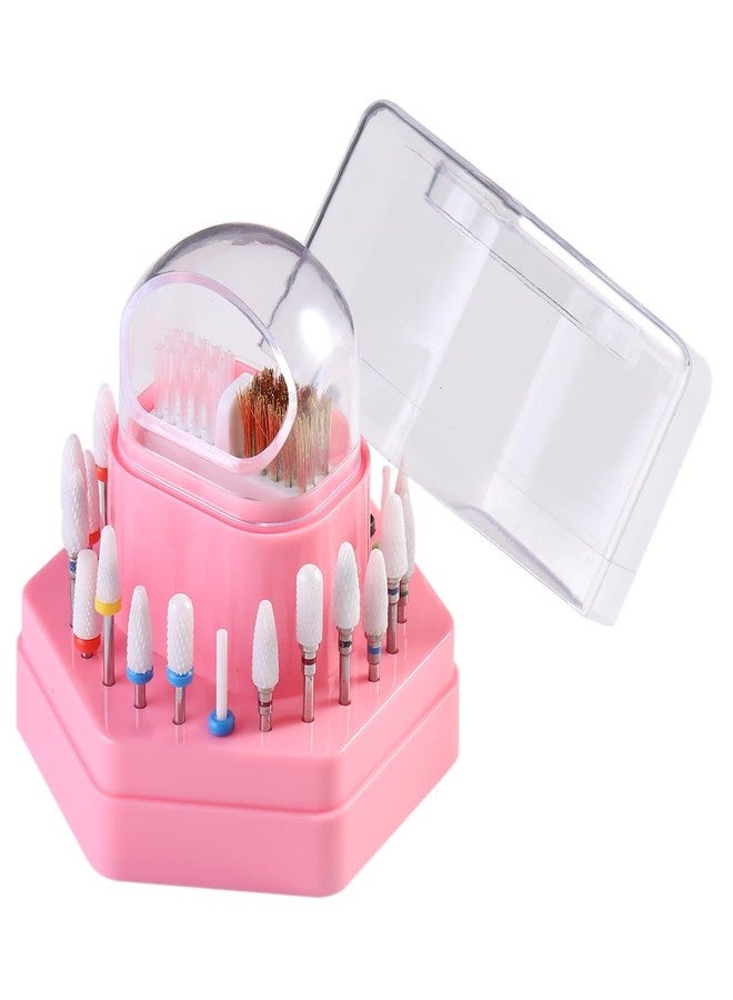 Fcozpjk 2 in1 Nail Drill Bit Holder and Nail Drill Bits Cleaner Brush Case, 24 Holes Pink Nail Drill Bit Holder Stand Display Organizer Dust Proof Storage Container Box Case Nail Tech Supplies - Image 1